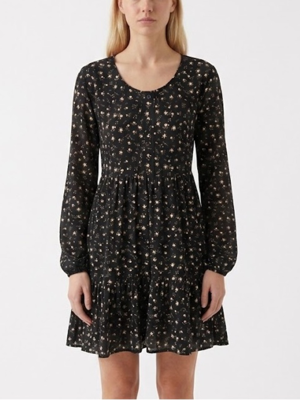 URBAN Black Floral Tiered Flowy Scoop Neck Cottagecore Summer Mini Dress - Small